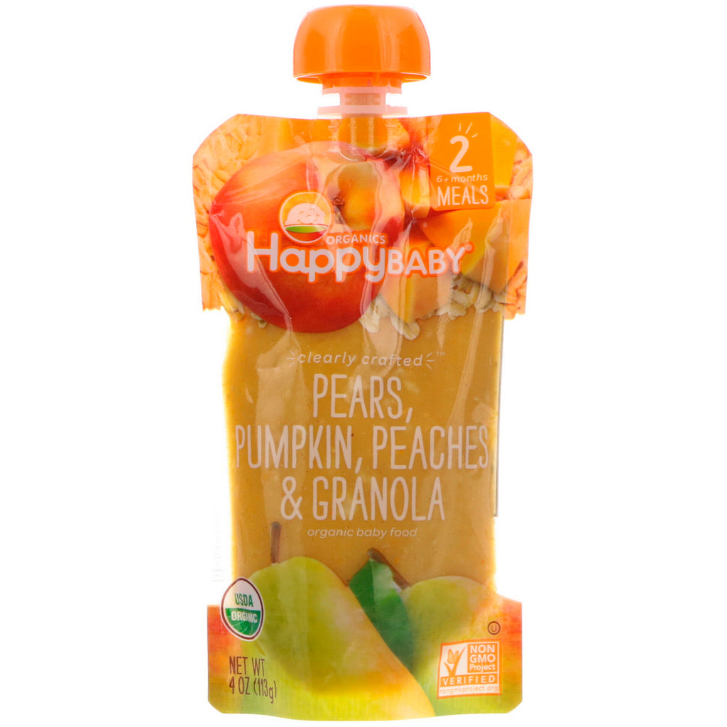 Nurture Inc. (Happy Baby)  Baby Food Stage 2 Clearly Crafted Pears Pumpkin Peaches & Granola 6+ Months 4 oz (113 g)