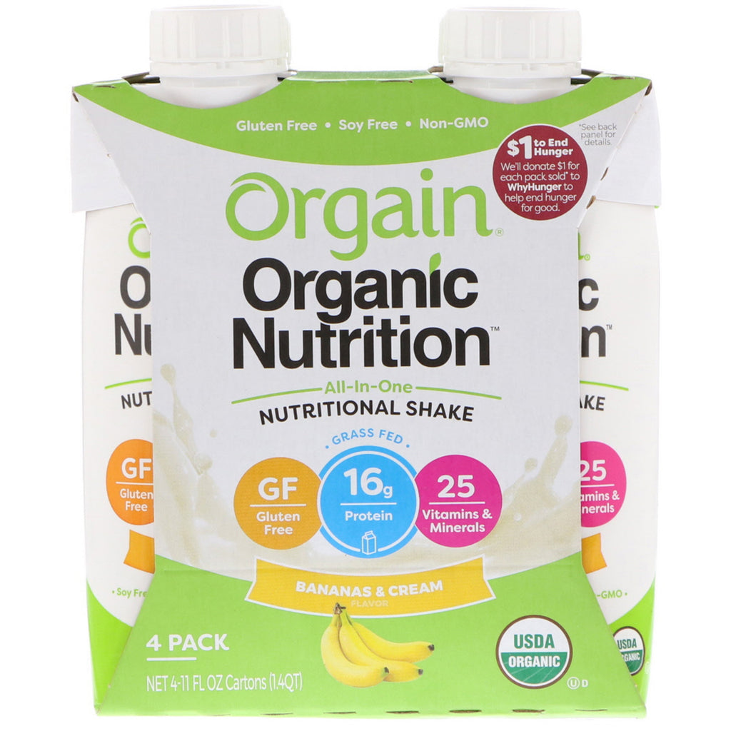 Orgain, Nutrition, batido nutricional todo en uno, plátanos y crema, paquete de 4, 11 fl oz cada uno