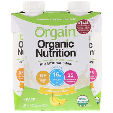 Orgain,  Nutrition, All-in-One Nutritional Shake, Bananas & Cream, 4 Pack, 11 fl oz Each
