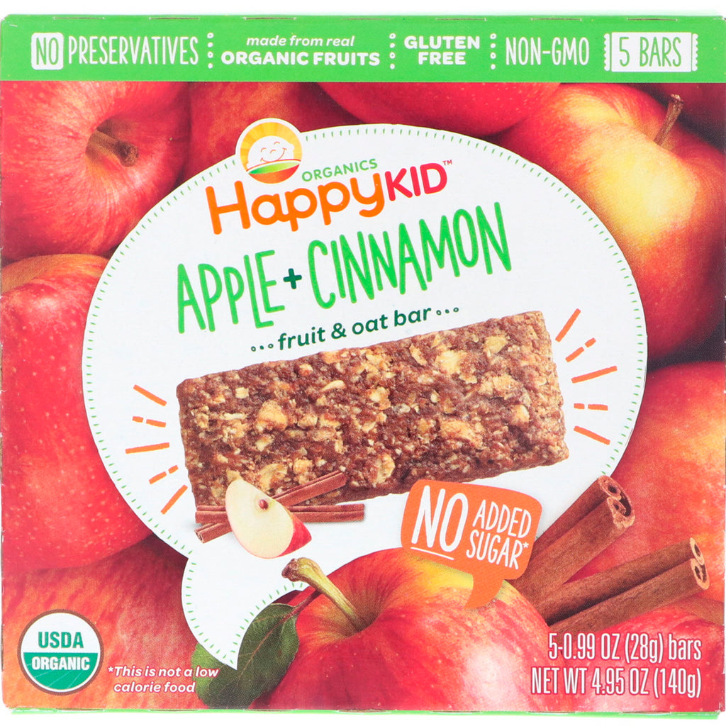 Nurture Inc. (Happy Baby) Happy Kid Apple + Cinnamon Fruit & Oat Bar 5 แท่ง ชิ้นละ 0.99 ออนซ์ (28 กรัม)