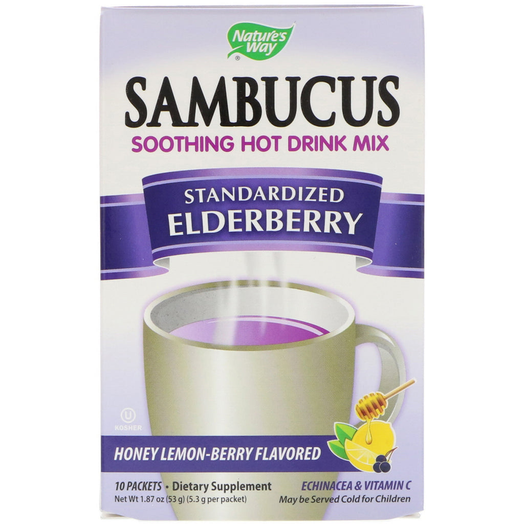 Nature's Way, Sambucus, miscela di bevande calde lenitive, sambuco standardizzato, miele aromatizzato a bacche di limone, 10 pacchetti, 1,87 once (53 g)