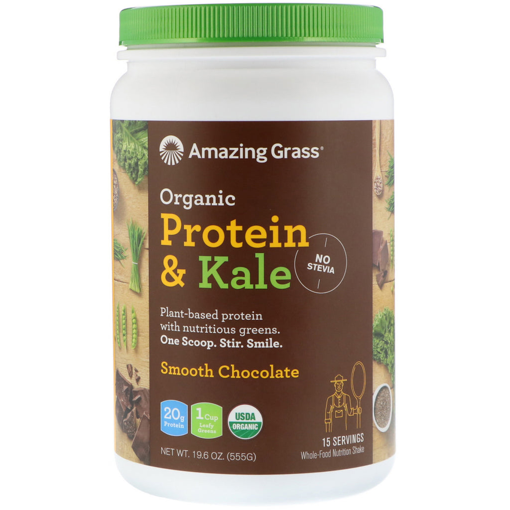 Fantastiskt gräs-, protein- och grönkålspulver, växtbaserat, slät choklad, 19,6 oz (555 g)