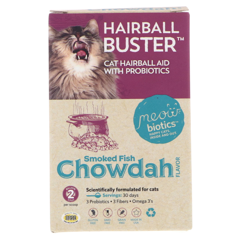 Fidobiotics, Hairball Buster, Cat Hairball Aid, עם פרוביוטיקה, Chowdah דג מעושן, 2 מיליארד CFUs, 0.5 אונקיות (15 גרם)