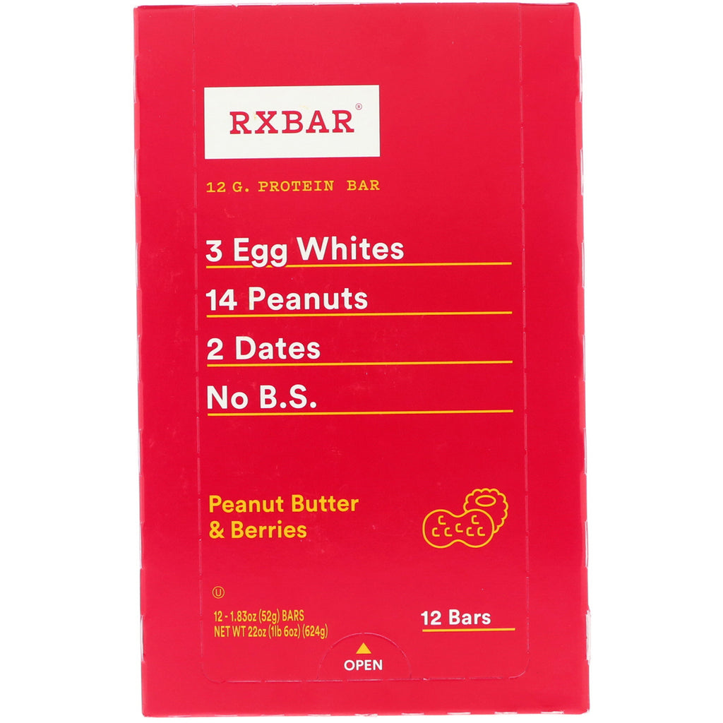 RXBAR, proteinbar, jordnötssmör och bär, 12 barer, 1,83 oz (52 g) styck