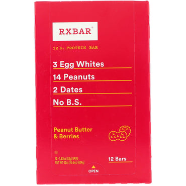 RXBAR, barra de proteína, mantequilla de maní y bayas, 12 barras, 52 g (1,83 oz) cada una