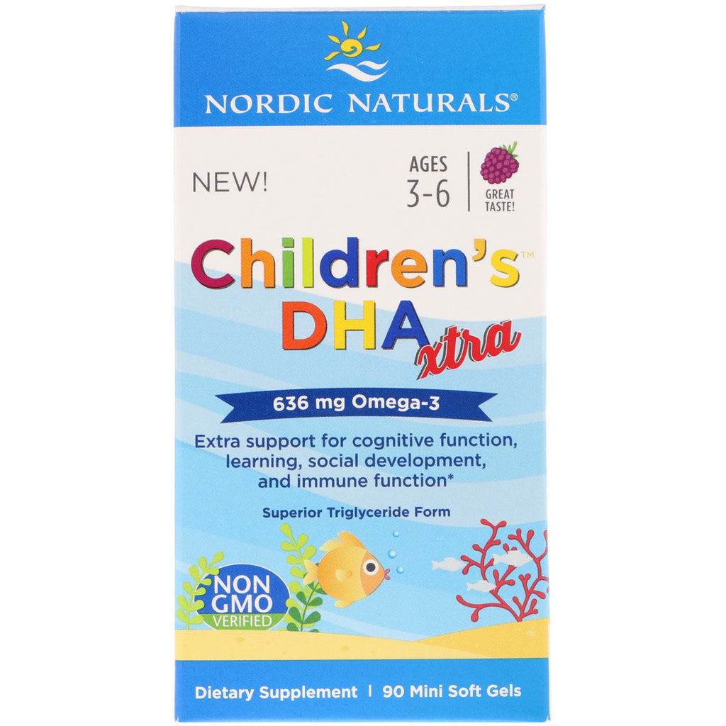 Nordic Naturals, DHA Xtra للأطفال، عصير التوت، 636 مجم، 90 كبسولة هلامية صغيرة