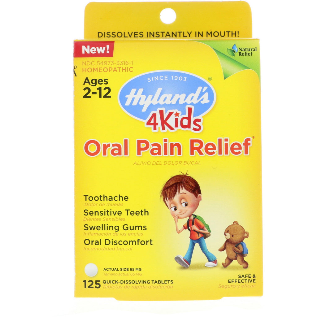 Hyland's, 4 crianças, alívio da dor oral, idades de 2 a 12 anos, 125 comprimidos