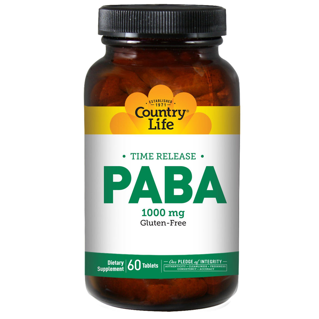 Country Life, PABA, liberación prolongada, 1000 mg, 60 tabletas