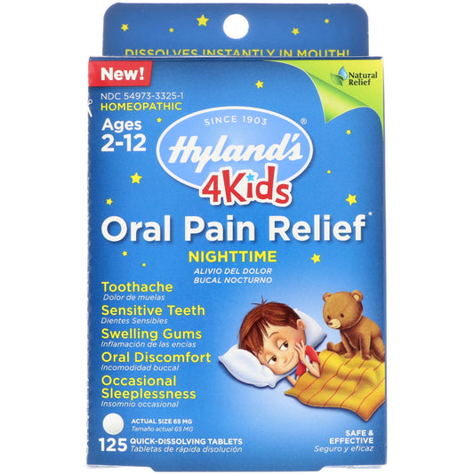Hyland's, 4 Kids, Alivio del dolor bucal, nocturno, de 2 a 12 años, 125 tabletas