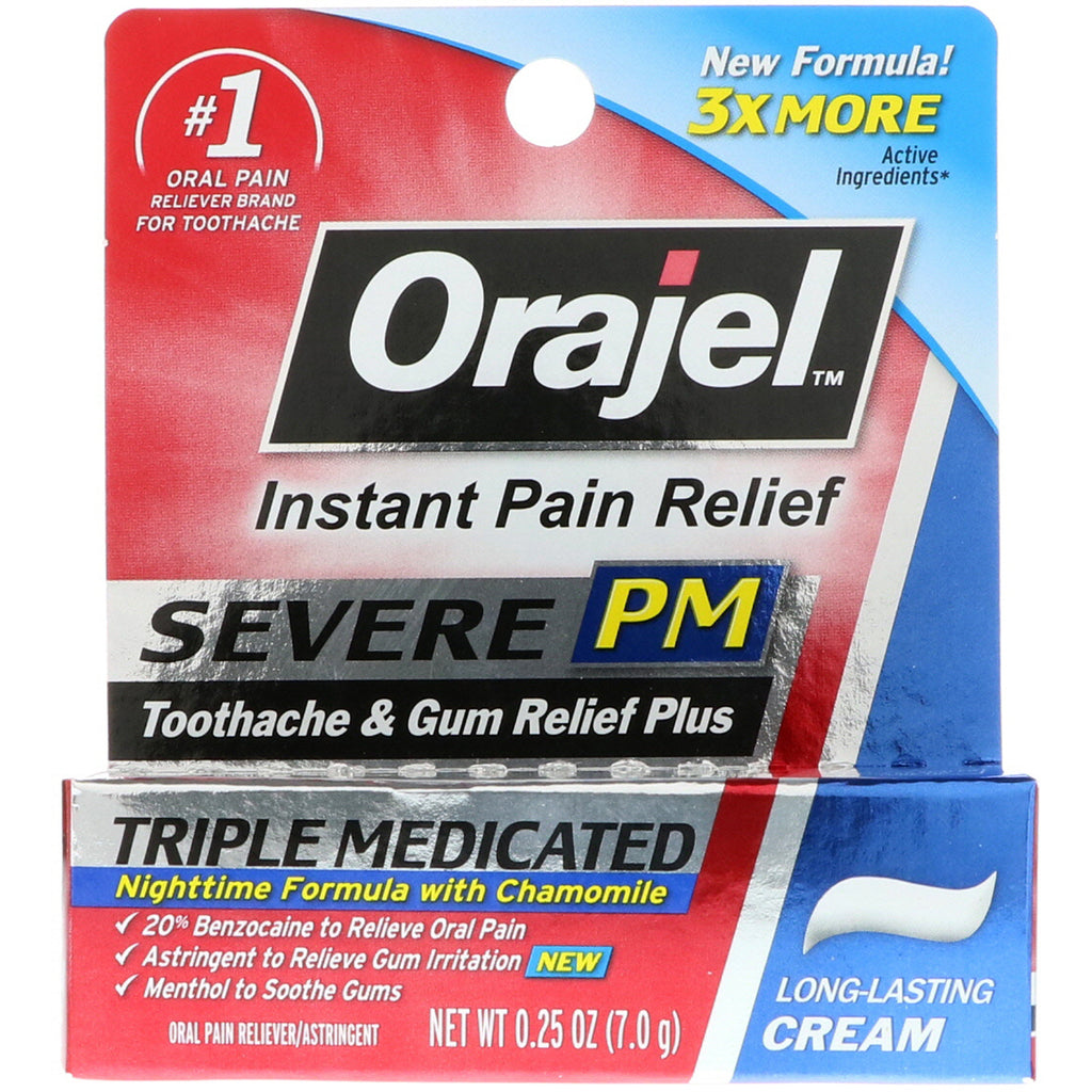 Orajel, Severe PM, Toothache & Gum Relief Plus, Cremă cu trei medicamente, 0,25 oz (7,0 g)