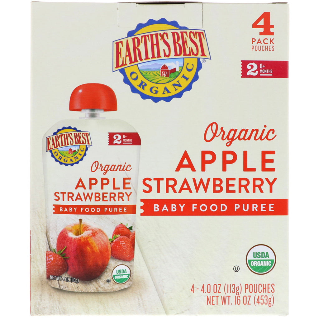 Earth's Best Piure de mâncare pentru copii cu mere și căpșuni 6+ luni 4 plicuri 4,0 oz (113 g) fiecare