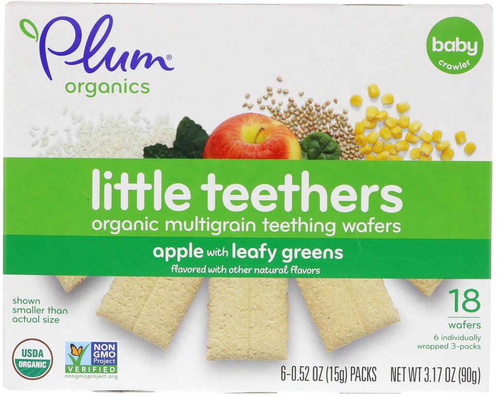 Plum s, Little Teethers, Wafers Multigrãos para Dentição, Maçã com Folhas Verdes, 6 Pacotes, 15 g (0,52 oz) Cada