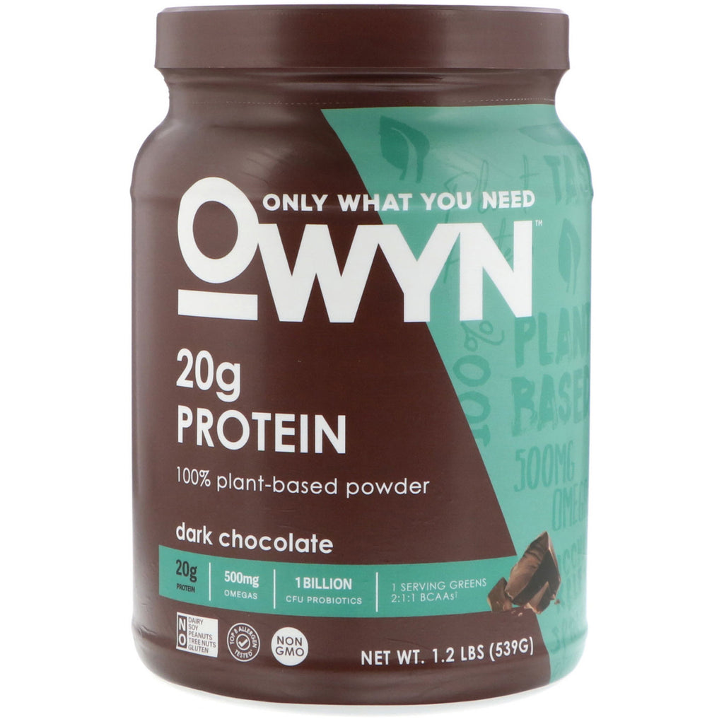 OWYN, חלבון, 100% אבקה על בסיס צמחי, שוקולד מריר, 1.2 פאונד (539 גרם)