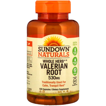 Sundown Naturals, Raíz de valeriana de hierba entera, 530 mg, 100 cápsulas