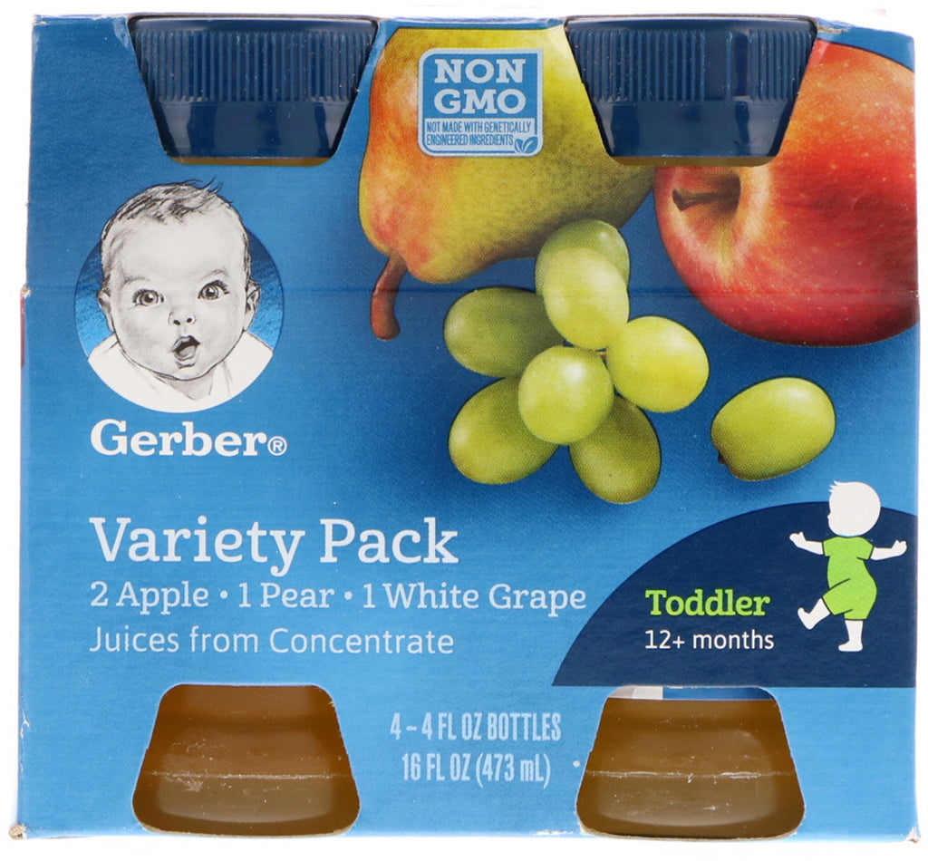 Gerber, confezione di succhi di varietà, bambini piccoli, 12+ mesi, confezione da 4, 4 fl oz (118 ml) ciascuno