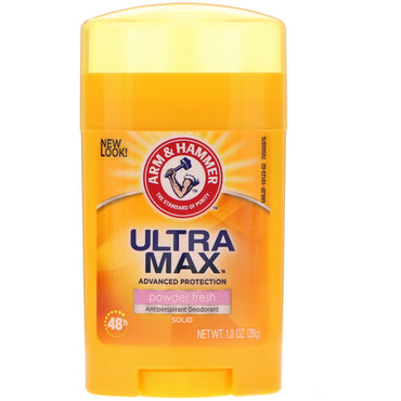 Arm & Hammer, UltraMax, antiperspirant solid deodorant, til kvinder, pulverfrisk, 1,0 oz (28 g)