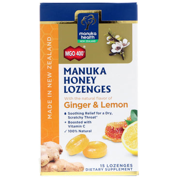 Manuka Health Pastillas de Miel de Manuka MGO 400+ Jengibre y Limón 15 Pastillas