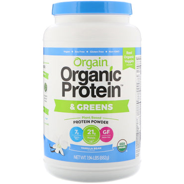 Orgain, 단백질 및 녹색 채소 단백질 파우더, 식물 기반, 바닐라 콩, 882g(1.94lbs)