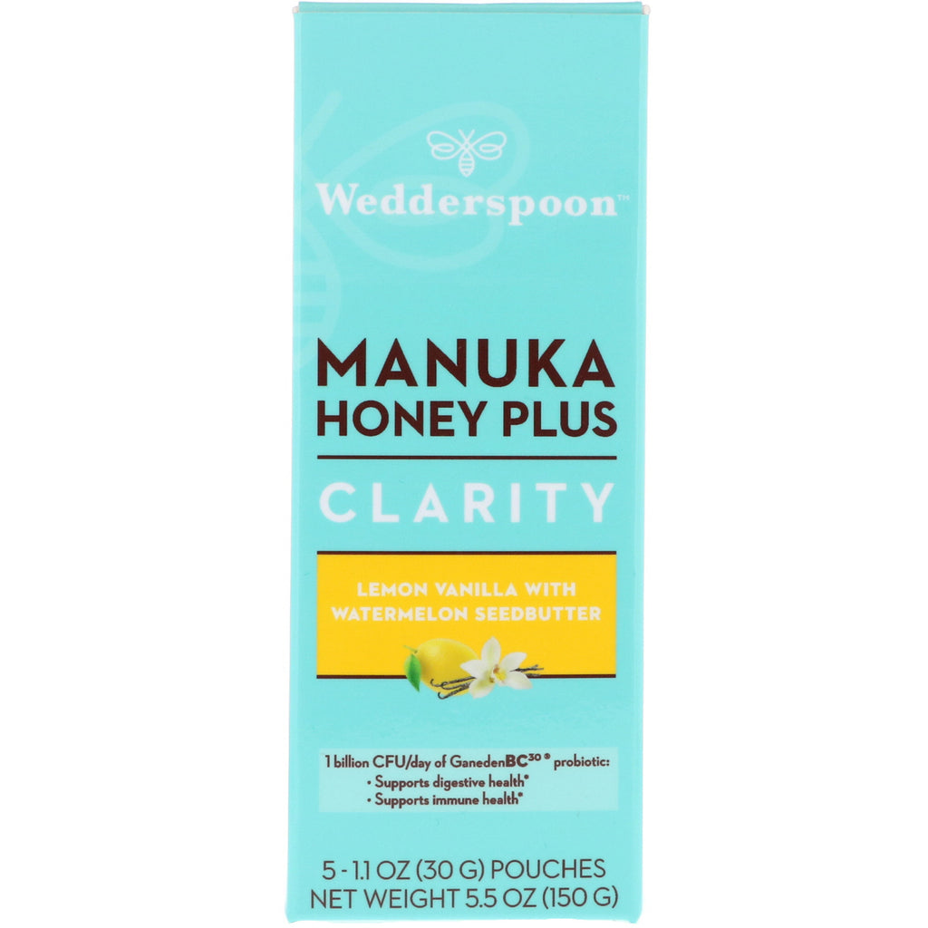 Wedderspoon, Manuka Honey Plus, Clarity, citronvanilj med vattenmelonfrösmör, 5 påsar, 1,1 oz (30 g) vardera