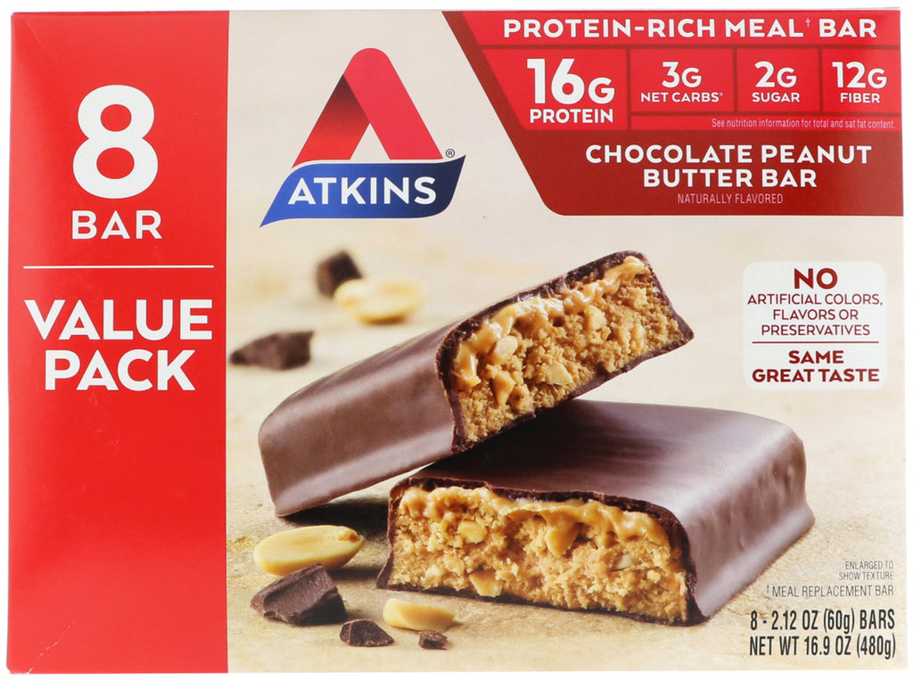 Atkins, baton de masă, baton de ciocolată cu unt de arahide, 8 batoane, 2,12 oz (60 g)