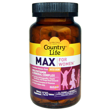 Country Life, Max, pour femmes, complexe multivitaminé et minéral, avec fer, 120 comprimés