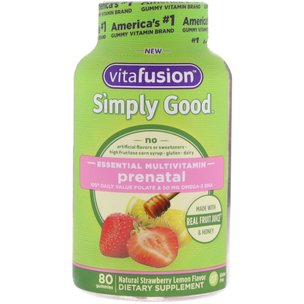 VitaFusion, Simply Good, multivitamines essentielles prénatales, arôme naturel de fraise et de citron, 80 gommes