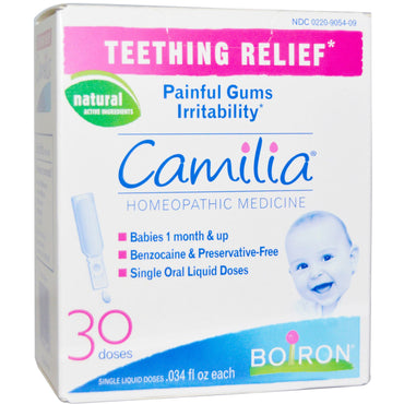 Boiron, Camilia, הקלה על בקיעת שיניים, 30 מנות נוזלים, 0.034 fl oz כל אחת