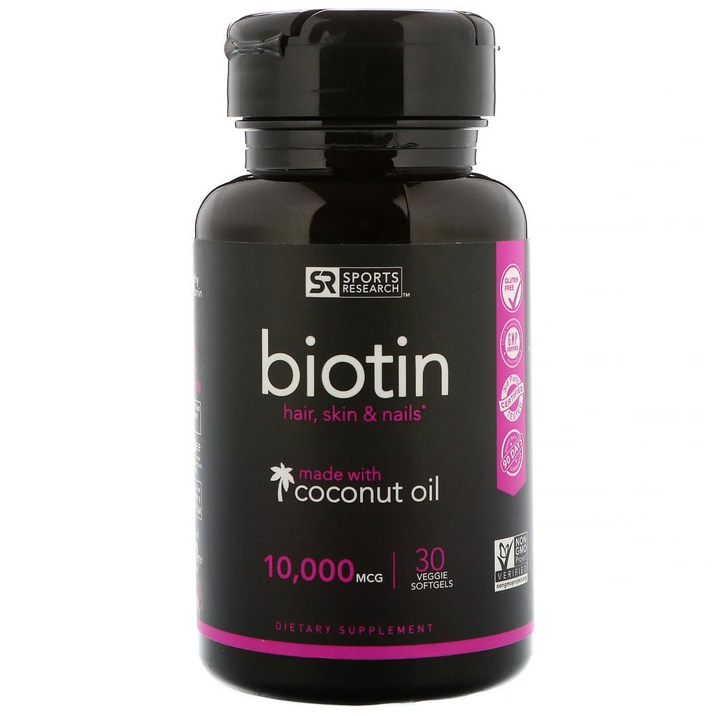 Sports Research, biotina con aceite de coco, 10 000 mcg, 30 cápsulas blandas vegetales