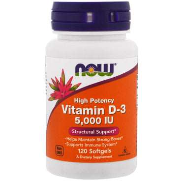 Now Foods, vitamina D-3, alta potencia, 5000 UI, 120 cápsulas blandas