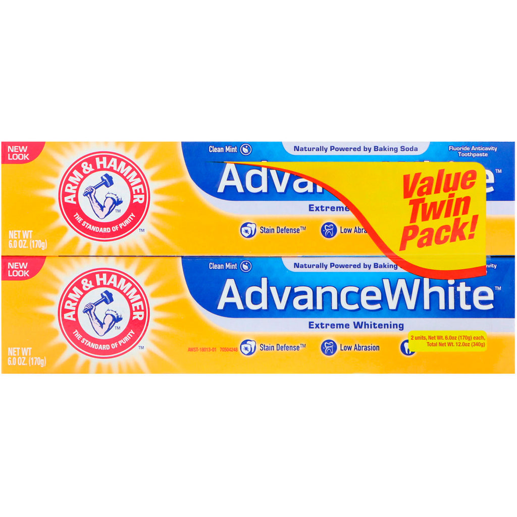 Arm & Hammer, AdvanceWhite, Extreme Whitening Tandpasta, Clean Mint, Twin Pack, 6,0 oz (170 g) hver
