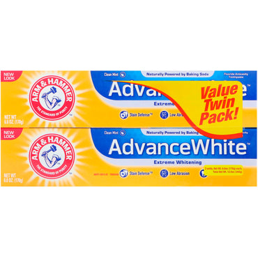 Arm & Hammer, AdvanceWhite, pasta de dientes blanqueadora extrema, menta limpia, paquete doble, 6,0 oz (170 g) cada uno