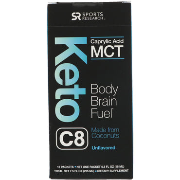 Sports Research, Keto C8, acide caprylique MCT, sans saveur, 15 sachets, 0,5 fl oz (15 ml) chacun