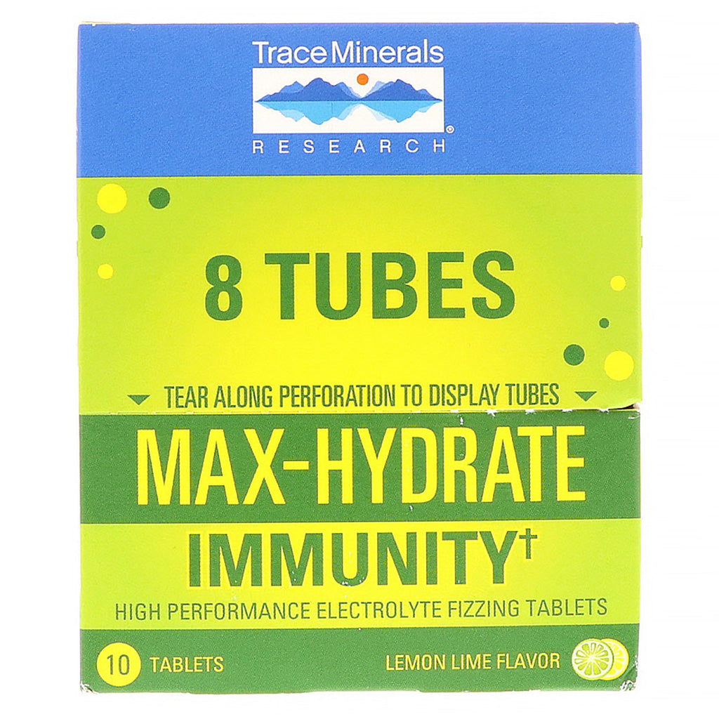 Trace Minerals Research, Max-Hydrate Immunity, Effervescent Tablets, Lemon Lime Flavor, 8 Tubes, 10 Tablets Each