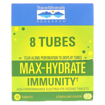 Trace Minerals Research, Max-Hydrate Immunity, comprimés effervescents, arôme citron-lime, 8 tubes, 10 comprimés chacun