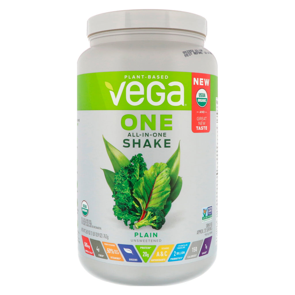 Vega, één, alles-in-één shake, gewoon ongezoet, 26,9 oz (763 g)