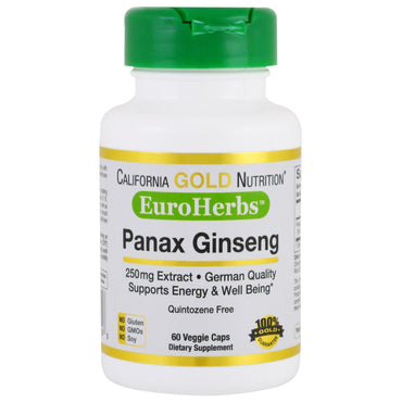 California Gold Nutrition, Extrato de Panax Ginseng, EuroHerbs, 250 mg, 60 Cápsulas Vegetais