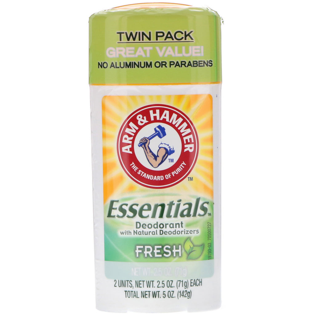 Arm & Hammer, Essentials Natural Deodorant, Frisk, til mænd og kvinder, Twin Pack, 2,5 oz (71 g) hver