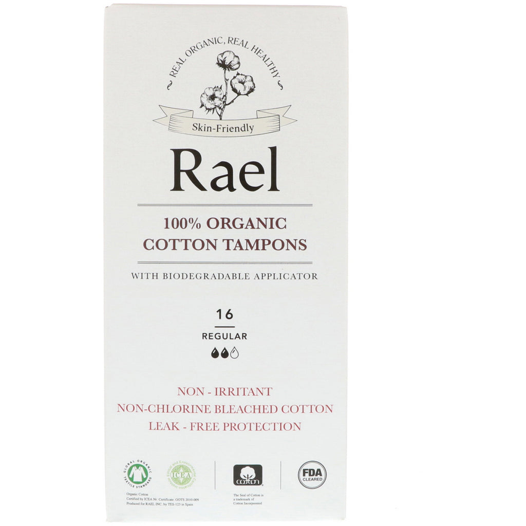 Rael, Tampones 100 % algodón con aplicador biodegradable, regular, 16 tampones