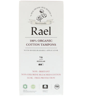 Rael, 100 % bomullstamponger med biologisk nedbrytbar applikator, vanlig, 16 tamponger