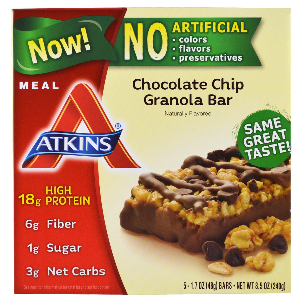 Atkins อาหาร กราโนล่าช็อกโกแลตชิปแท่ง 5 แท่ง ชิ้นละ 1.7 ออนซ์ (48 กรัม)