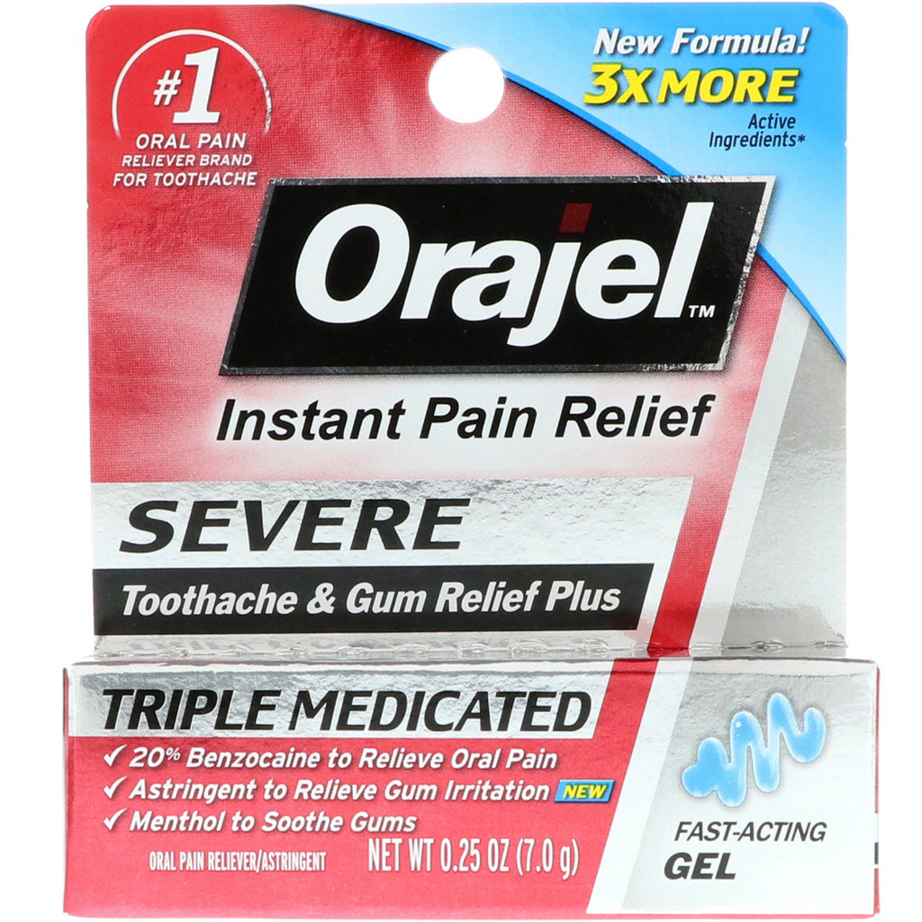 Orajel, Alvorlig tannpine og Gum Relief Plus, Trippel medisinert gel, 0,25 oz (7,0 g)