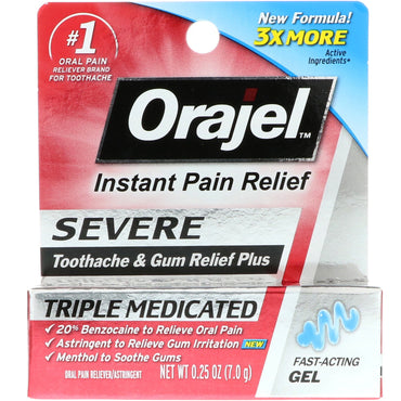 Orajel, Severe Toothache and Gum Relief Plus, Triple Medicated Gel, 0.25 oz (7.0 g)