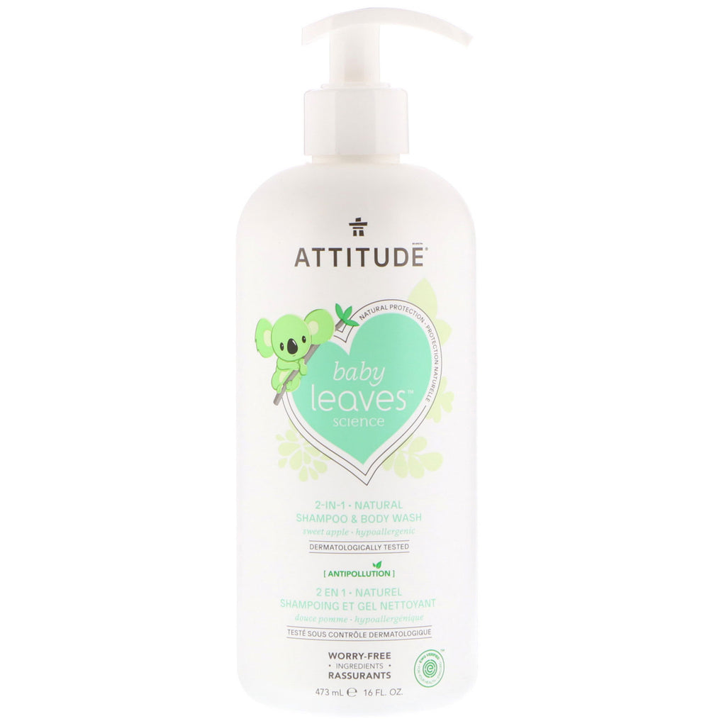 ATTITUDE, Baby Leaves Science, Shampoing et nettoyant pour le corps naturels 2 en 1, Pomme douce, 16 fl oz (473 ml)