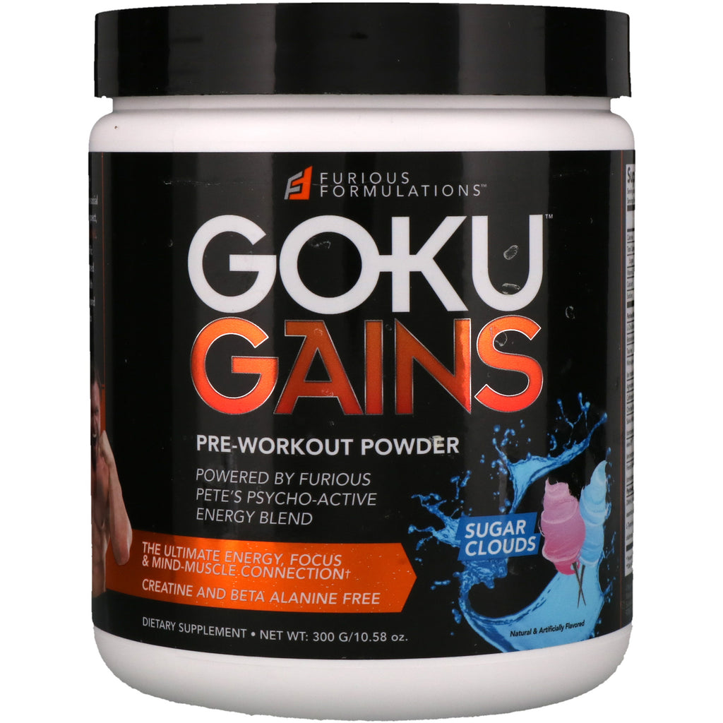 FORMULATIONS FURIOUS, Poudre pré-entraînement Goku Gains, Nuages ​​de sucre, 10,58 oz (300 g)