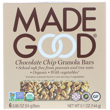 MadeGood, , Barras de granola, pedaços de chocolate, 6 barras, 24 g (0,85 oz) cada