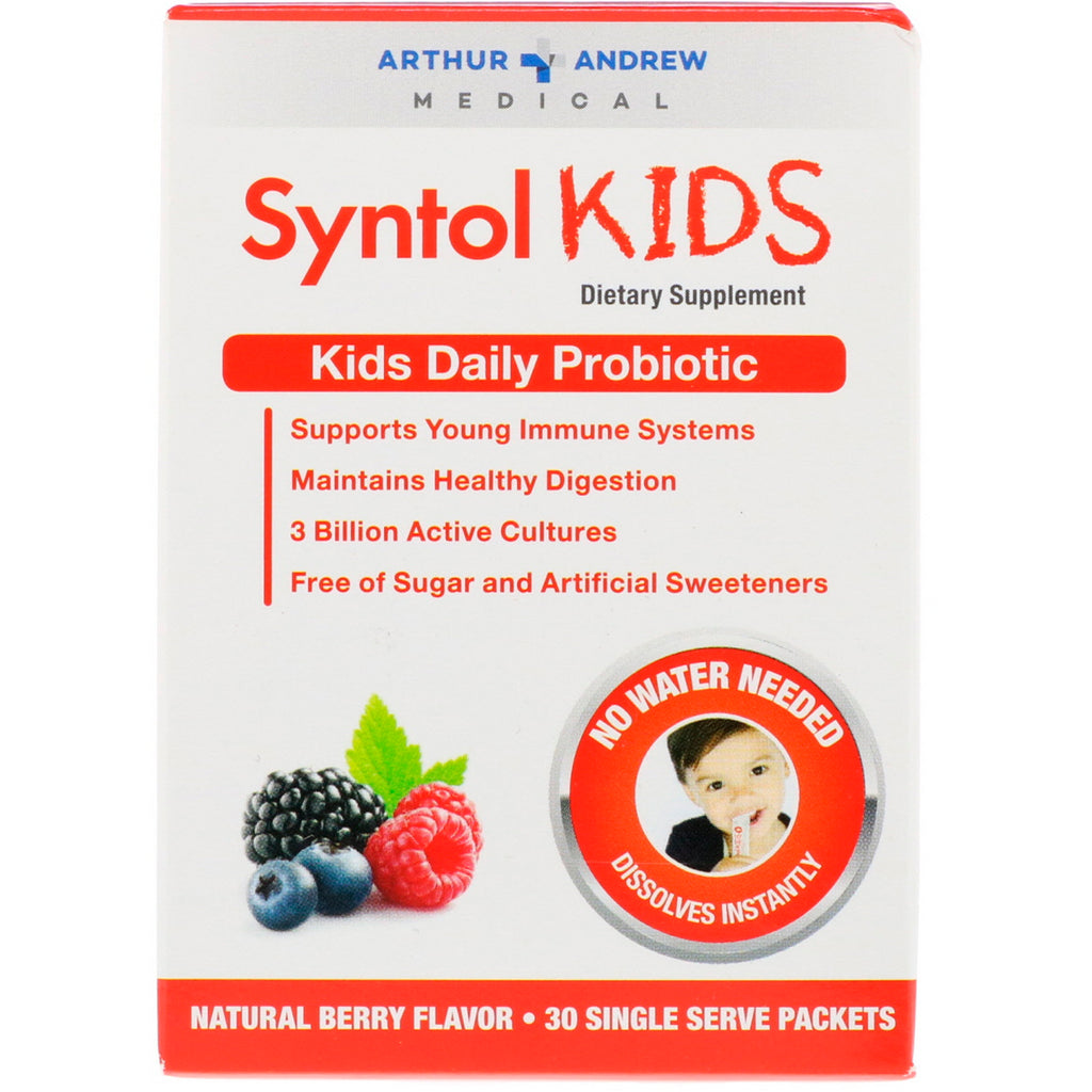 Arthur andrew medical syntol kids kids diariamente probiótico sabor natural de frutas silvestres 30 pacotes de porção única
