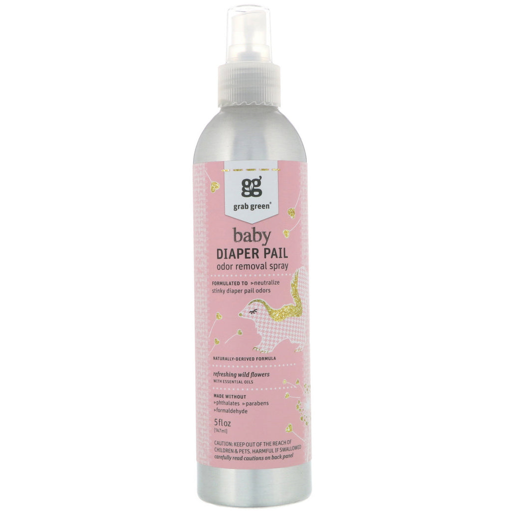 GrabGreen Spray anti-odeurs pour seau à couches pour bébé Fleurs sauvages rafraîchissantes aux huiles essentielles 5 fl oz (147 ml)