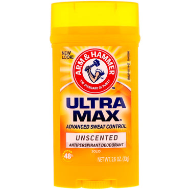 Arm & Hammer, UltraMax, solid antiperspirant deodorant, for menn, uparfymert, 2,6 oz (73 g)