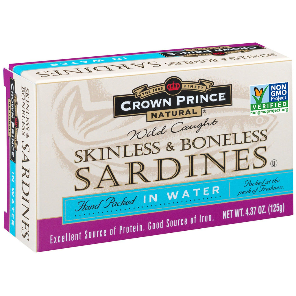 Crown Prince Naturalne sardynki bez skóry i kości, w wodzie, 4,37 oz (125 g)