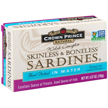 Kronprins naturlige, hud- og benfrie sardiner, i vann, 4,37 oz (125 g)